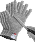 4 Pack Cut Resistant Gloves Level 5 Protection For Kitchen Prep And Food Handling, Anti Cut Safety For Meat Cutting, Wood Carving, Mandolin Slicing And More, Sizes Medium And Large, shown with knife.