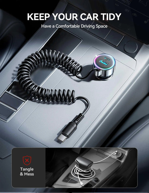 90W USB C Car Charger With 5-Foot 45W Coiled Cable Fast PD QC3.0 Multi-Device Car Charger in vehicle interior
