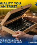 Badass 16 Piece Wave Cutter Forstner Bit Set With Slick Patented Geometry For Dead On Accuracy And Splinter Proof Woodworking Holes In Rugged Custom Wooden Storage Box, displayed open with drill bits inside.