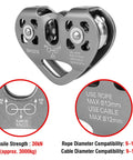 Double Zip Line Pulley Trolley With Tandem Dual Speed Pulleys 30kN 6700LBS Break Strength front view showing specifications
