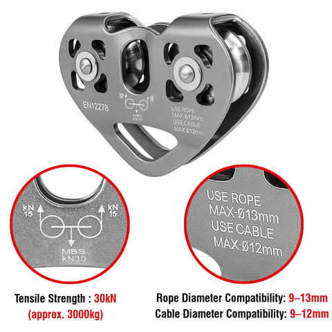 Double Zip Line Pulley Trolley With Tandem Dual Speed Pulleys 30kN 6700LBS Break Strength front view showing specifications