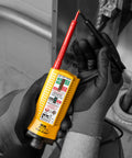 Technician holding Vol-Con Solenoid Voltage Tester With Vibration Alert, Continuity Function, AC DC Voltage Detection, CAT III 600V, Low Impedance Probes, Replaceable Leads, Live Wire Indicator, Durable Yellow Electric Tool For Pros