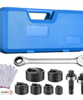 Beefy 6 Ton Manual Knockout Hole Punch Kit with ratchet wrench, six dies from 1/2 inch to 2 inch, and blue carrying case for electrical jobs