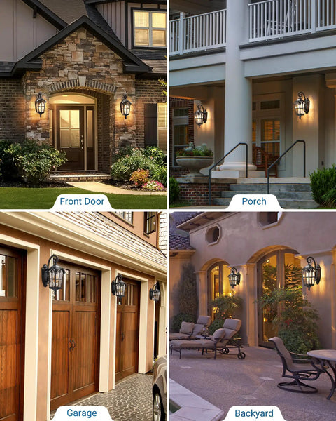 Four images showing Vintage Black Outdoor Wall Lantern With Water Ripple Glass 17.7 Inch Exterior Sconce on house front and garage.