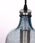 Close-up of blue hand-blown glass pendant light with textured finish, metal fitting, and 60 in cord; Blue Glass Pendant Lights For Kitchen Island In Modern Farmhouse Style Ceiling Hanging Fixtures For Dining Table Bar And Entryway Hand Blown Art Glass With Sturdy Balance And Easy Install.