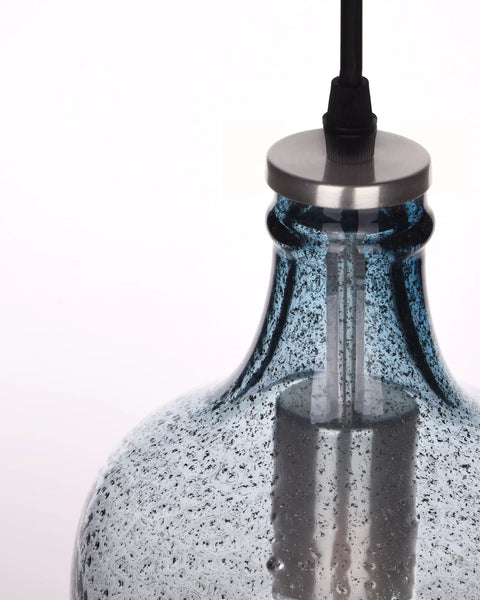 Close-up of blue hand-blown glass pendant light with textured finish, metal fitting, and 60 in cord; Blue Glass Pendant Lights For Kitchen Island In Modern Farmhouse Style Ceiling Hanging Fixtures For Dining Table Bar And Entryway Hand Blown Art Glass With Sturdy Balance And Easy Install.