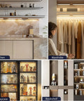 Six Pack Under Cabinet Lighting With Touch Control LED Light Bars installed in kitchen, wardrobe, display case, and bookshelf settings.