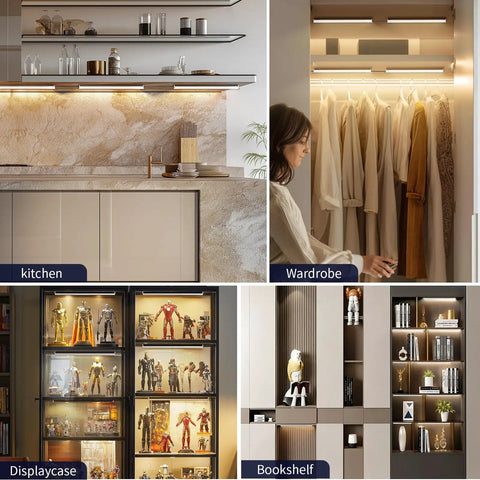 Six Pack Under Cabinet Lighting With Touch Control LED Light Bars installed in kitchen, wardrobe, display case, and bookshelf settings.