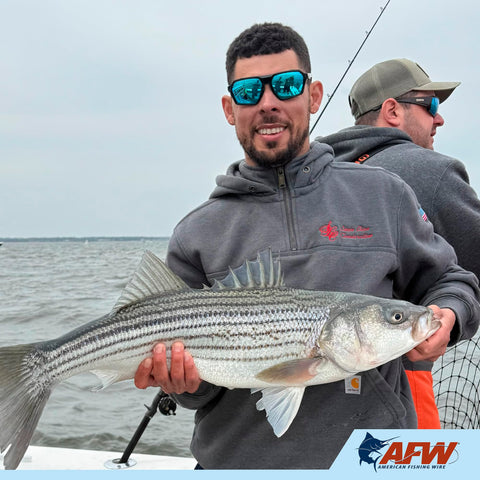 Person holding a striped bass on a fishing boat, wearing a gray hoodie and sunglasses, with a fishing rod in the background.