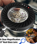 12X Magnifying Glass With Light And Stand showing gears through 4.33in lens, 144 LED Desk Magnifier Lamp With Base And Clamp