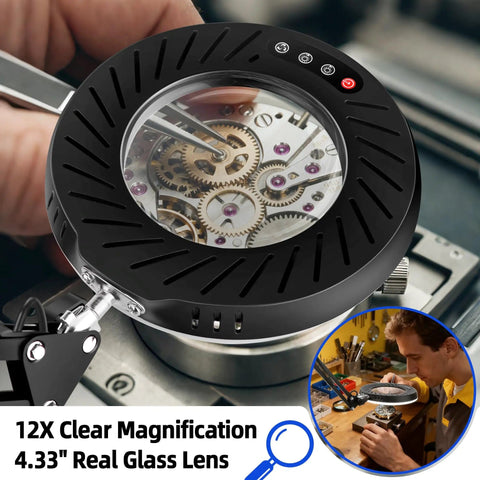 12X Magnifying Glass With Light And Stand showing gears through 4.33in lens, 144 LED Desk Magnifier Lamp With Base And Clamp