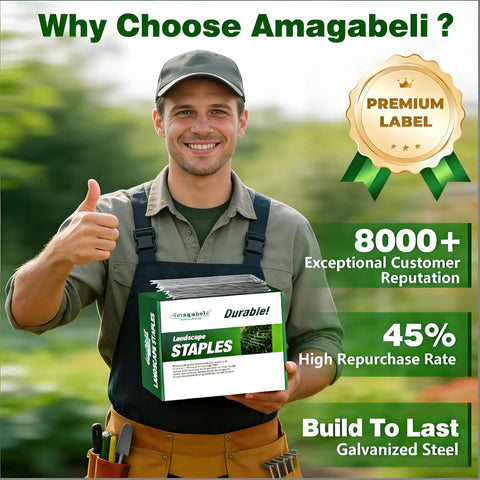 Smiling person holding a box of heavy duty galvanized landscape staples, highlighting 8000+ customer reputation and premium build quality.