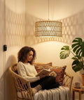 Handcrafted Boho Plug In Pendant Light With Artisan Woven Shade, Easy Three Way Switch, Extended Cord For Serious Chill Living Room Aura And Definitely Solid Decor Flex Year Round, 12.6 inch shade, cozy atmosphere.
