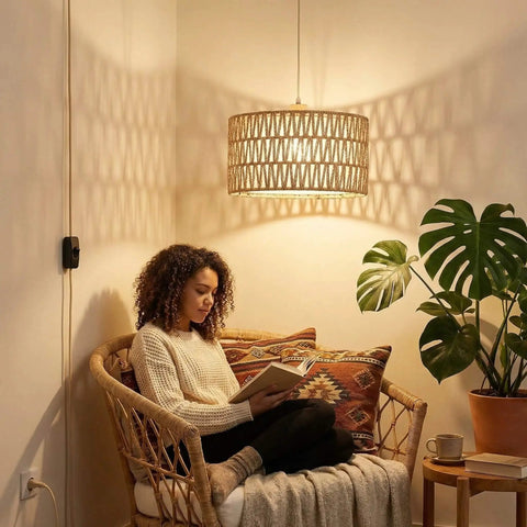 Handcrafted Boho Plug In Pendant Light With Artisan Woven Shade, Easy Three Way Switch, Extended Cord For Serious Chill Living Room Aura And Definitely Solid Decor Flex Year Round, 12.6 inch shade, cozy atmosphere.