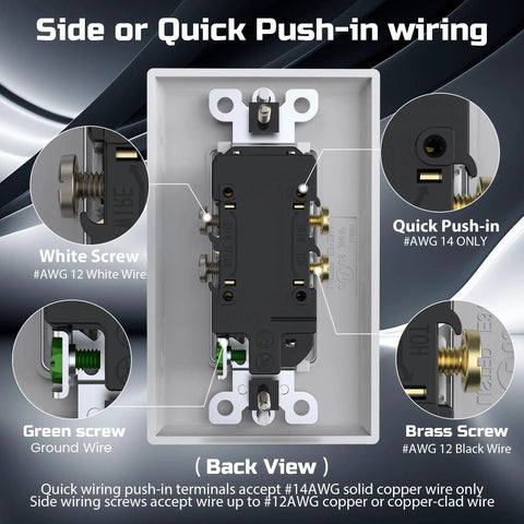 Back view of Decorator Receptacle Outlet With Wall Plate 15 Amp 125 Volt Non Tamper Resistant Electrical Outlet Self Grounding