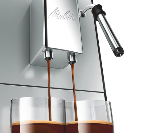 Game Changing Bean To Cup Automatic Coffee Maker With Creamy Frothed Milk and Slick Silver Black Design pouring espresso into glasses.