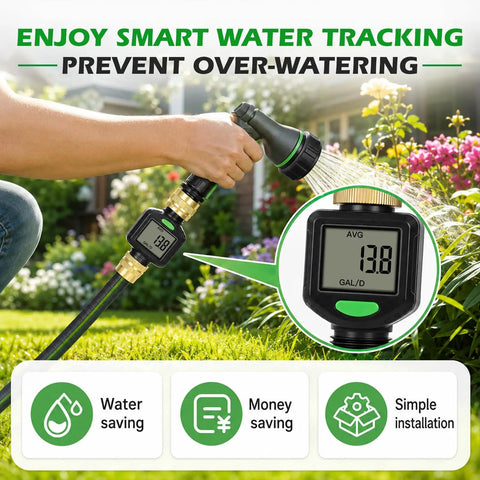 Water Flow Meter For RV With Brass Inlet And 180 Degree Rotating LCD Display Measures Gallon And Liter With Five Percent Accuracy Compatible With Three Quarter Inch Garden Hose Fittings Heavy Duty Brass Construction on garden hose