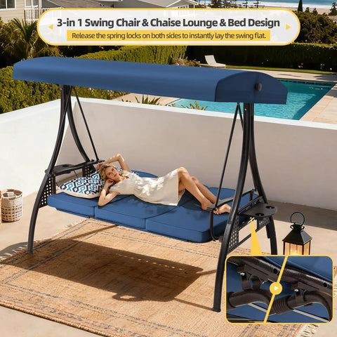 Woman relaxing on Three Seat Outdoor Porch Patio Swing With Adjustable Canopy And Cup Holder by poolside