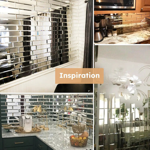 Collage of Peel And Stick Beveled Mirror Subway Tiles Silver 4x12 Inch for kitchen backsplash and bathroom wall inspiration.