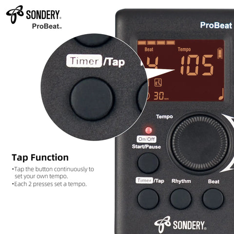 Digital Metronome With Rechargeable Battery, Vocal Counting And Timer, close-up of timer tap button and bright display screen.