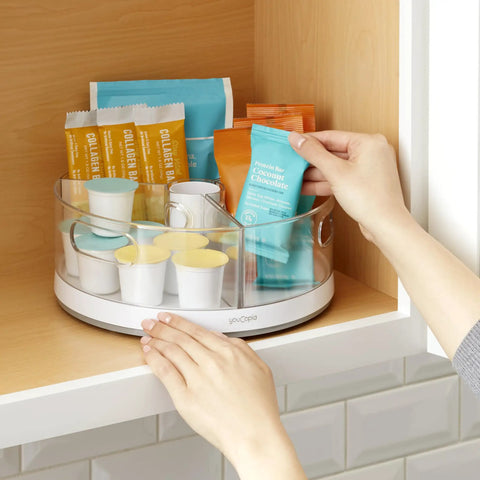 360 Degree Rotating Lazy Susan Organizer With 3 BPA Free Removable Clear Bins with snacks in kitchen cabinet