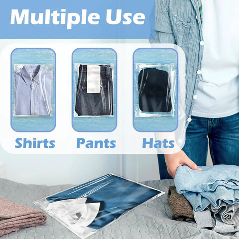 Clear Poly Bags For Clothes Set Of 70 12x16 Inches Resealable Shirt Bags For T Shirts Hoodies And Garments Great For Gift Wrapping Party Favors Artwork Protectors Decorative Wrappers Transparent Packaging displayed with shirts, pants, hats