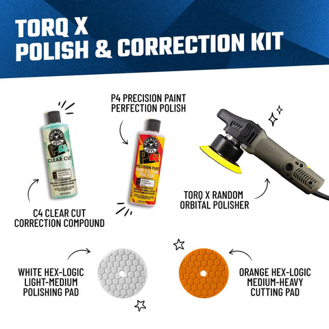 Torq X Polish & Correction Kit with polisher, correction compounds, white and orange Hex-Logic pads.
