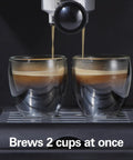 15 Bar Espresso Machine For Sippin Straight Up Lattes And Creamy Cappuccinos With Dual Auto Frother Brews Two Cups At Once Compatible With Pods Or Grounds 50 Oz Tank Black brewing two glasses of espresso.