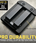 Magnetic Tool And Hardware Holder Clip On Belt Holster, rear view showing milled aluminum frame and spring-steel clip.