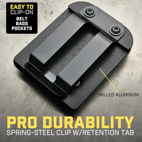 Magnetic Tool And Hardware Holder Clip On Belt Holster, rear view showing milled aluminum frame and spring-steel clip.
