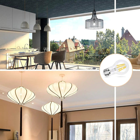 Dimmable Edison LED Filament Bulb 4W 470 Lumens, A19 E26 Base in modern chandeliers, soft warm white 3000K ambiance.