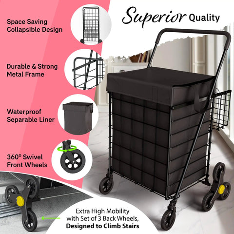Stair Climbing Shopping Cart With Waterproof Basket Liner And 360 Degree Swivel Wheels, detailed view with metal frame and liner