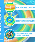 Image featuring a multi-colored pool float with poker chip design for two people. Text highlights features: comfort construction, spacious for three.