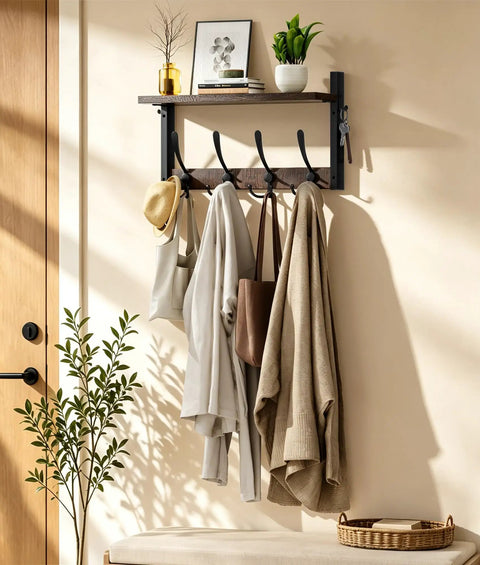 Top Notch Wall Mount Wood Coat Rack Sweet Space Saving Shelf Display Hook System Features Four Triple Prong Bars Plus Side Holders For Coats Jackets Hats Bags And Keys In Warm Brown Finish with multiple items hanging.