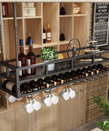 Ceiling Mounted Wine Rack Suspension System With Glass Holder And Bottle Rack, Space Saver Overhead Storage for Kitchen or Garage