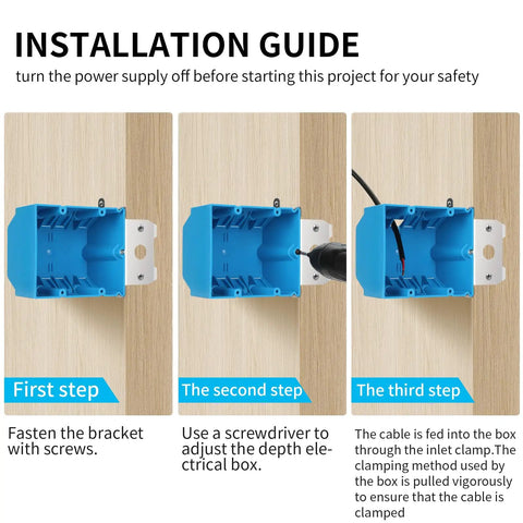 Installation guide for Adjustable Two Gang Plastic Electrical Box Blue 34 Cubic Inch Junction Box With Built In Cable Clips ETL Listed.