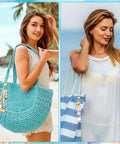 Women on beach holding tote bags adorned with Seashell Keychain Making Kit With 776 Pieces Including Alphabet Beads, Pendants, Charms