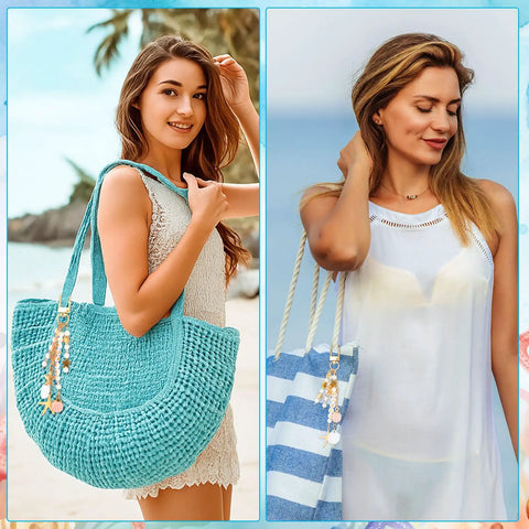 Women on beach holding tote bags adorned with Seashell Keychain Making Kit With 776 Pieces Including Alphabet Beads, Pendants, Charms