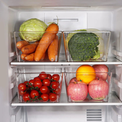 Clear Plastic Storage Bins Set, 12 Pack For Pantry, Kitchen, Office And Fridge Organization, BPA Free And Shatter Resistant, filled with vegetables and fruits inside a refrigerator.