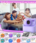Kids Digital Instant Print Camera family playing with wooden blocks, showing 1080 HD video, dual lens, and 2.4 IPS screen