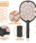Cordless Electric Fly Swatter Racket For Gnats And Mosquitoes Outdoor Indoor Bug Zapper Handheld Battery Powered Pest Control Tool For Home Patio Garden Safe For Humans Fast Easy Bug Busting with close-up features and safety highlights.