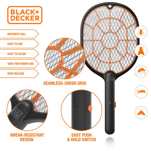 Cordless Electric Fly Swatter Racket For Gnats And Mosquitoes Outdoor Indoor Bug Zapper Handheld Battery Powered Pest Control Tool For Home Patio Garden Safe For Humans Fast Easy Bug Busting with close-up features and safety highlights.