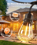 Close-up of 100Ft Outdoor String Lights With Remote Dimmable Edison Bulbs illuminating a patio, showcasing shatterproof PET design.