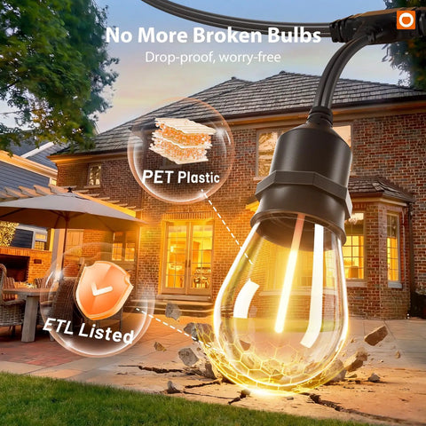 Close-up of 100Ft Outdoor String Lights With Remote Dimmable Edison Bulbs illuminating a patio, showcasing shatterproof PET design.