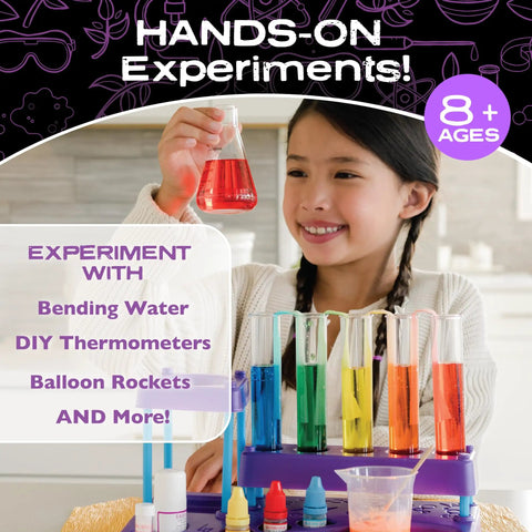 Girl using Ultimate Science Lab Kit for Kids and Teens Ages 8 and up with over 40 hands on experiments and all materials included
