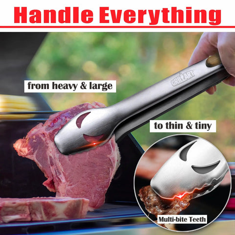 18 Inch Stainless Steel BBQ Tools Set With Tongs Spatula Fork And Brush, Heavy Duty Grillin Kit handling meat on barbecue