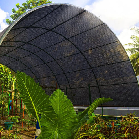 70 Percent Shade Cloth 20x20 Ft HDPE Mesh Tarp With Reinforced Grommets For Outdoor Shade Perfect For Greenhouses Gardens Patios Pergolas Chicken Coops And Outdoor Areas Breathable UV Blocking Sun Shade Net installed over a garden area.