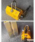 Heavy Duty Permanent Magnet Lifter With Quick Release Handle For 6600 Pound Steel Plates And Round Bar Hoist Tool, showing top and side view.