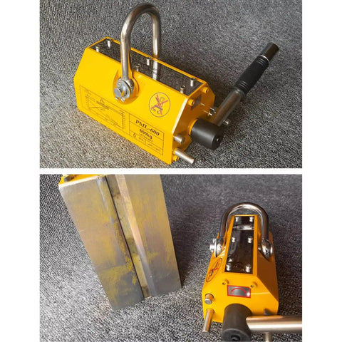 Heavy Duty Permanent Magnet Lifter With Quick Release Handle For 6600 Pound Steel Plates And Round Bar Hoist Tool, showing top and side view.