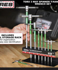 9 Piece Torx T-Handle Spinner Wrench Set With Sliding Grip And Spinning Sleeve, T10 Through T50 Sizes in steel rack on workbench